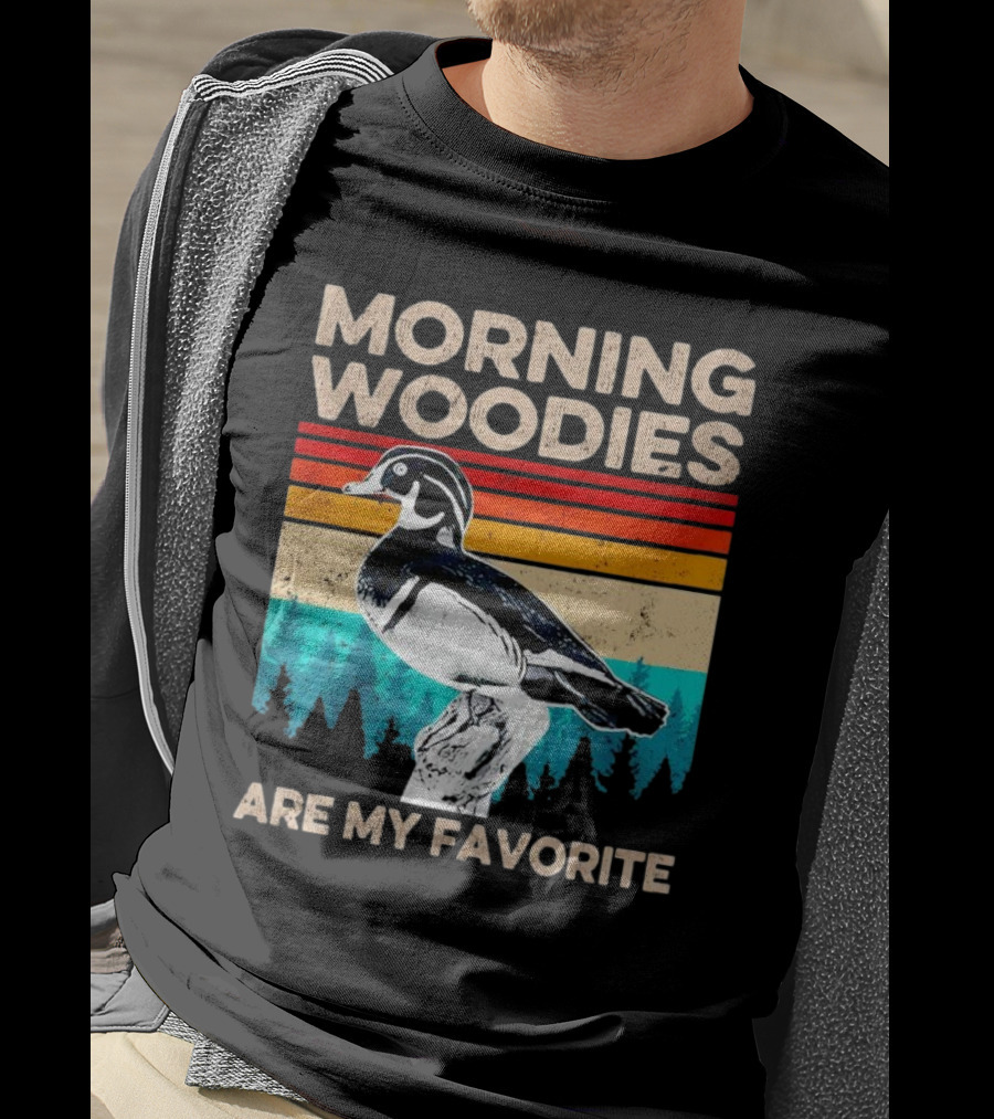 Morning Woodies Are My Favorite Vintage Duck Silhouette Retro Stripes Forest Pines T-Shirt