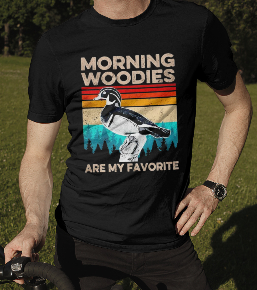 Morning Woodies Are My Favorite Vintage Duck Silhouette Retro Stripes Forest Pines T-Shirt