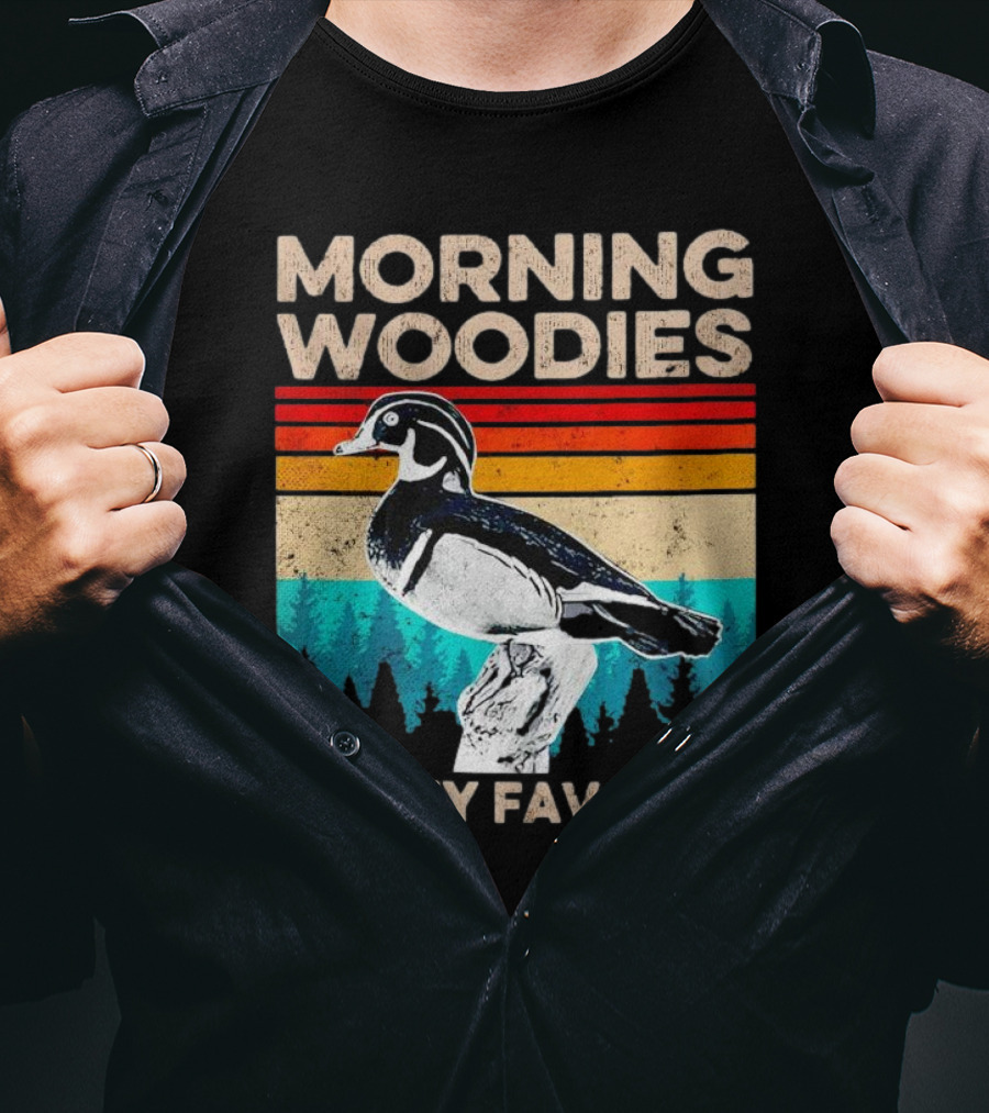 Morning Woodies Are My Favorite Vintage Duck Silhouette Retro Stripes Forest Pines T-Shirt