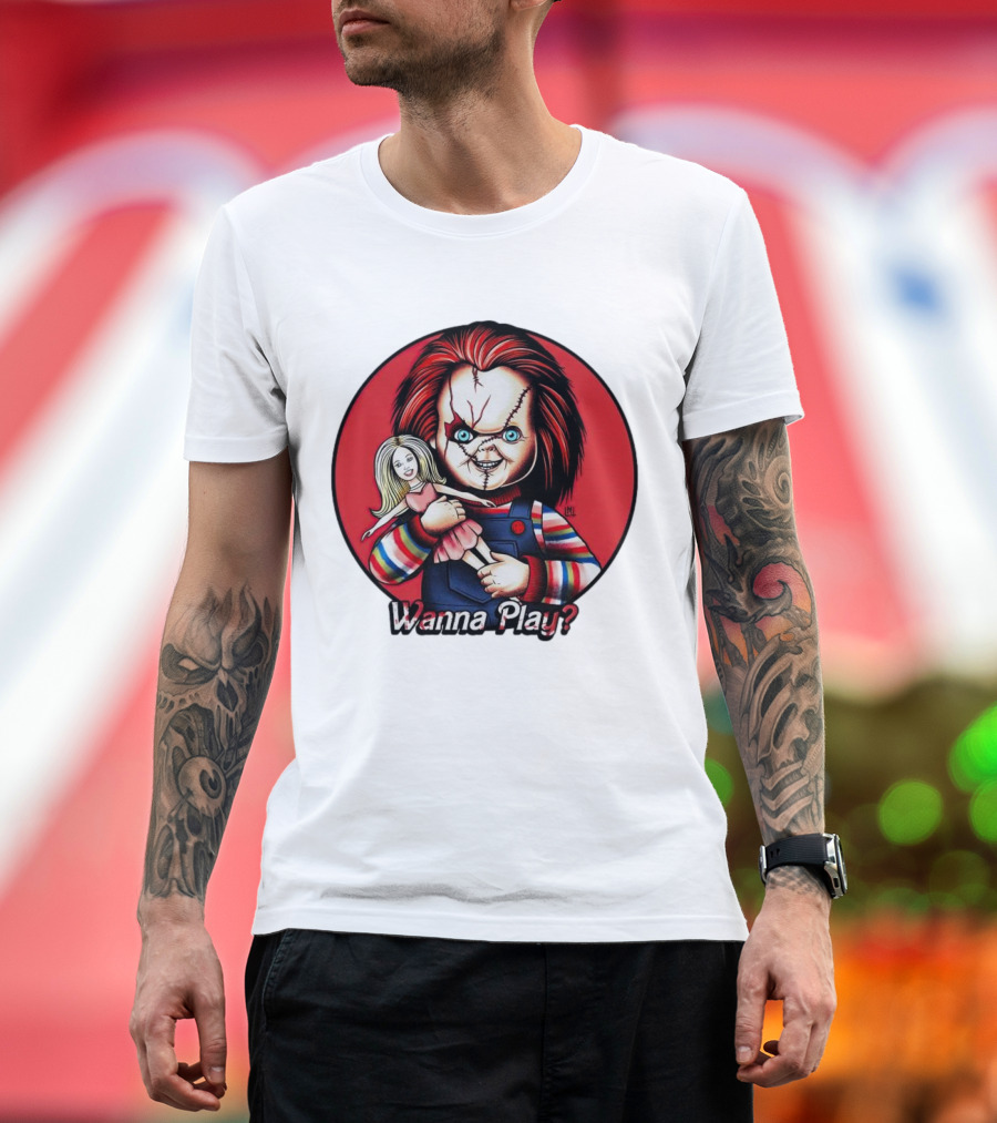 Chucky Holding Doll with Wanna Play? Text in Red Circle T-Shirt