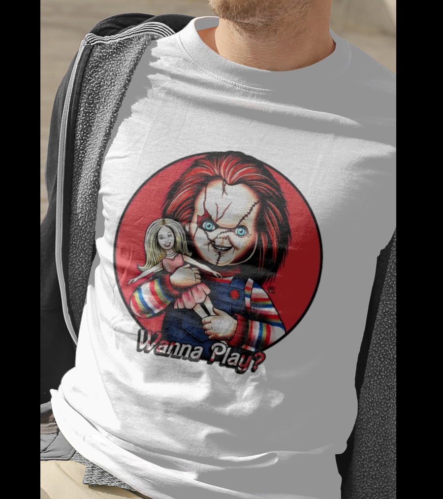 Chucky Holding Doll With Wanna Play? Text In Red Circle T-Shirt