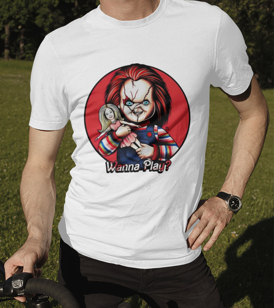 Chucky Holding Doll With Wanna Play? Text In Red Circle T-Shirt