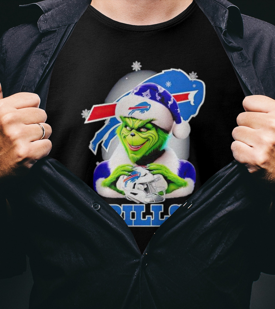 Grinch Love Buffalo Bills Christmas Santa Hat Snowflakes T-Shirt
