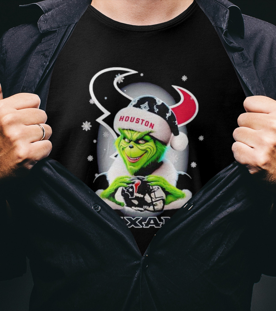 Grinch Houston Texans Christmas Football Holiday Snowflakes T-Shirt