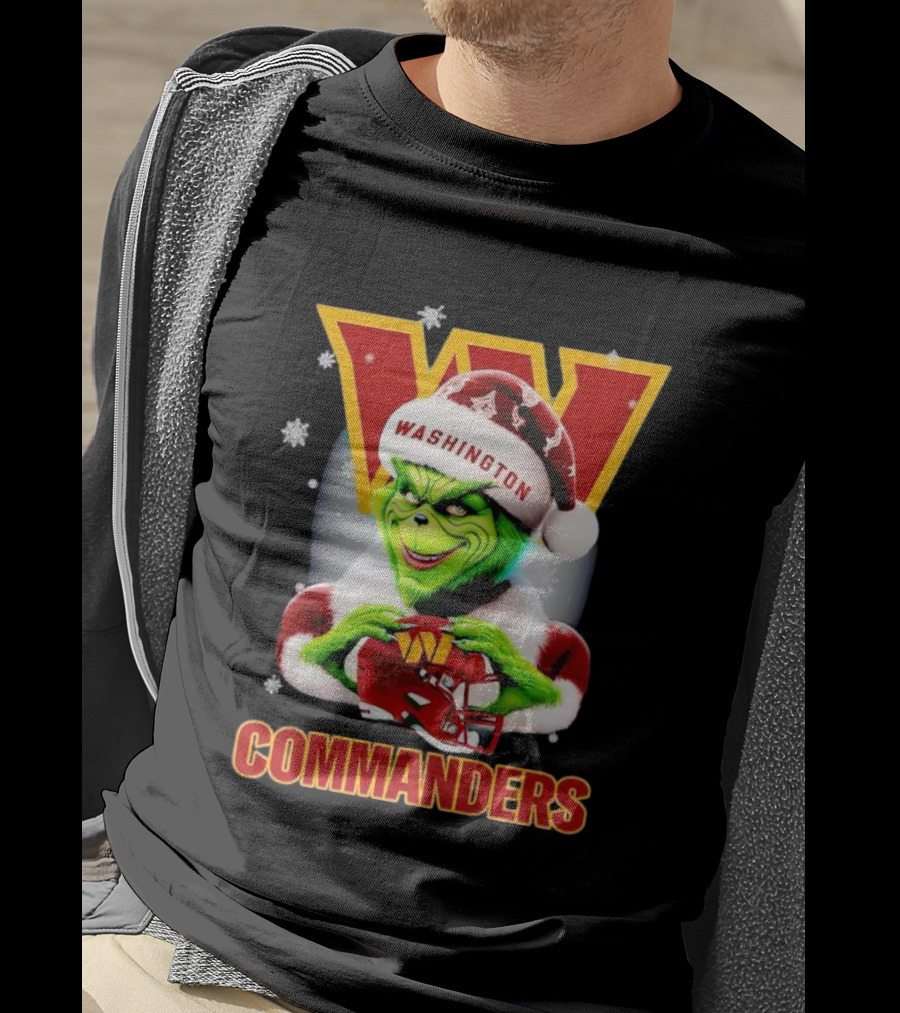Washington Commanders Christmas Grinch In Santa Hat With Helmet T-Shirt