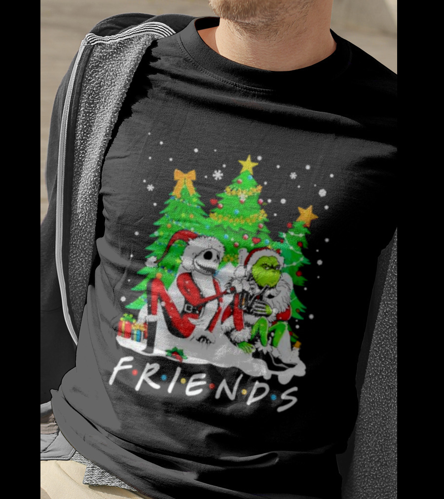 Friends Jack Skellington And Grinch Christmas Scene With Santa Outfits And Christmas Trees T-Shirt