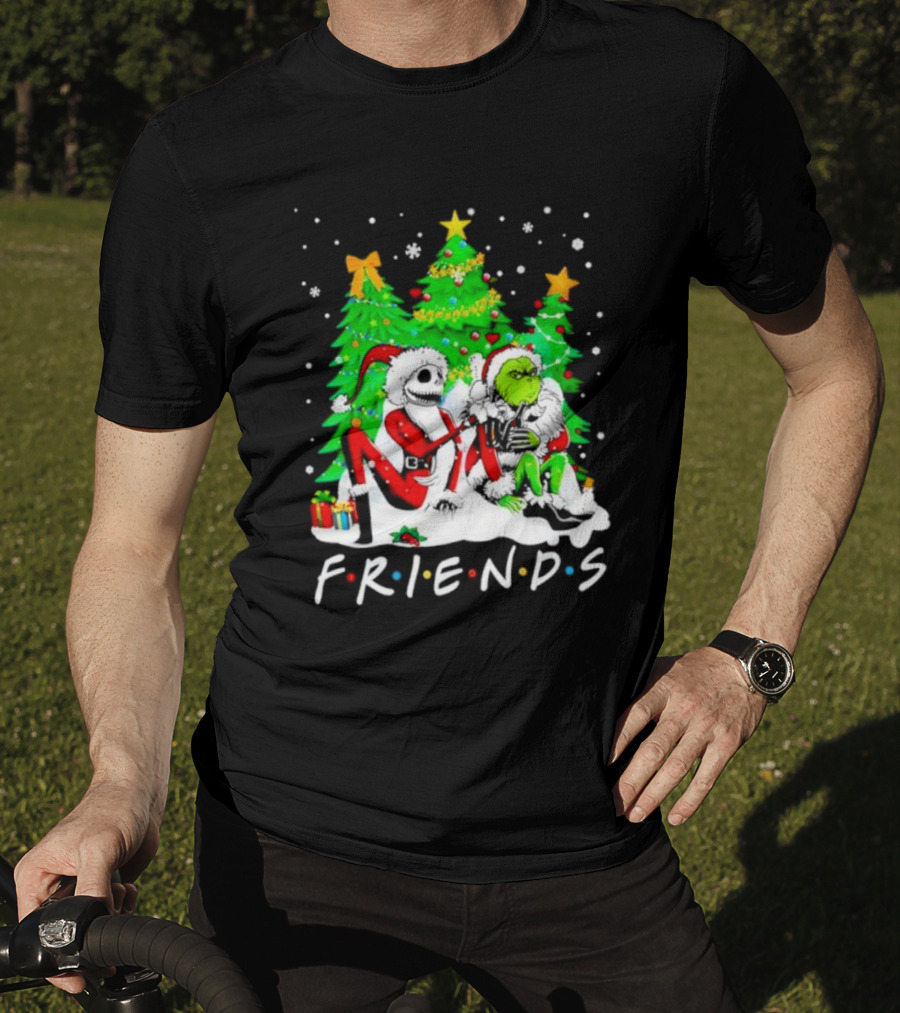 Friends Jack Skellington And Grinch Christmas Scene With Santa Outfits And Christmas Trees T-Shirt
