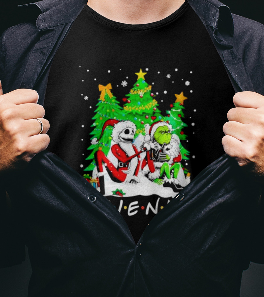 Friends Jack Skellington And Grinch Christmas Scene With Santa Outfits And Christmas Trees T-Shirt