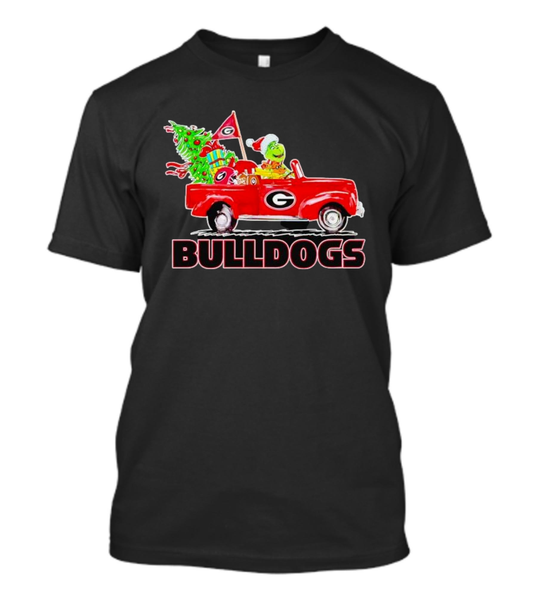 Grinch Driving Red Car With Dog Christmas Tree Gifts Georgia Bulldogs T-Shirt