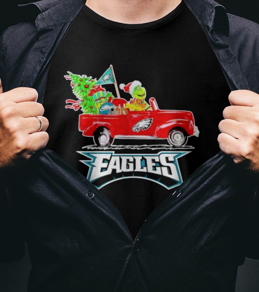 Grinch Dog Driving Red Truck Philadelphia Eagles Christmas Tree T-Shirt