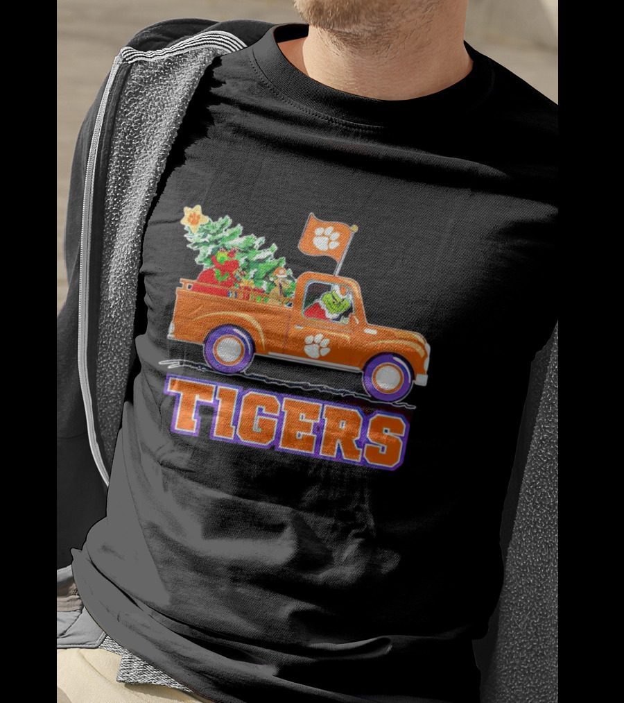 Grinch Driving Orange Christmas Truck With Clemson Tigers Flag And Tree T-Shirt