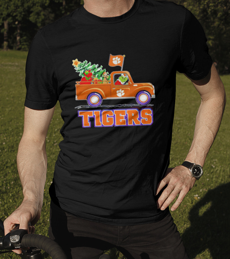 Grinch Driving Orange Christmas Truck With Clemson Tigers Flag And Tree T-Shirt
