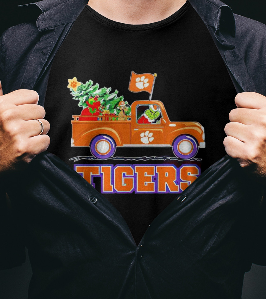 Grinch Driving Orange Christmas Truck With Clemson Tigers Flag And Tree T-Shirt