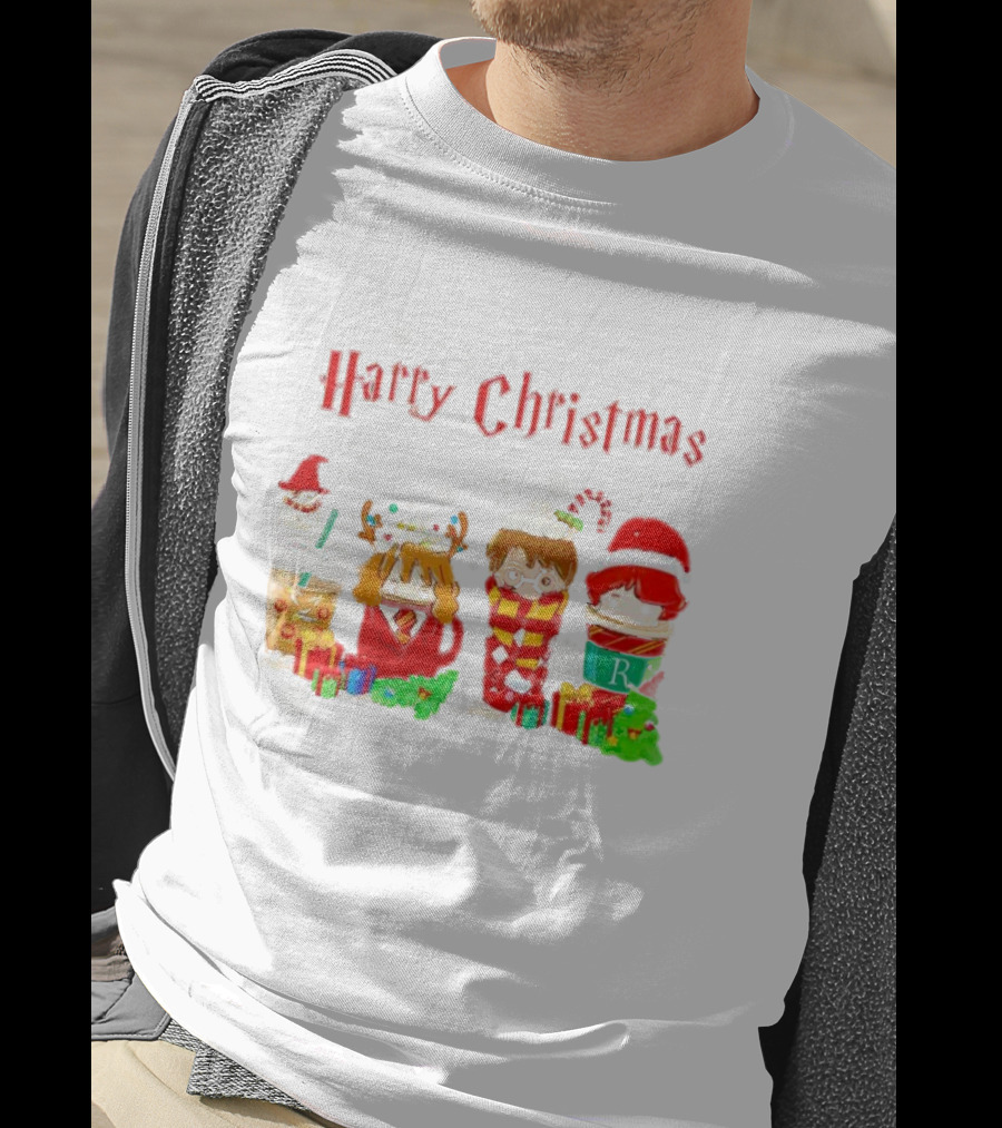 Harry Christmas Chibi Coffee Characters Festive Winter Scene T-Shirt