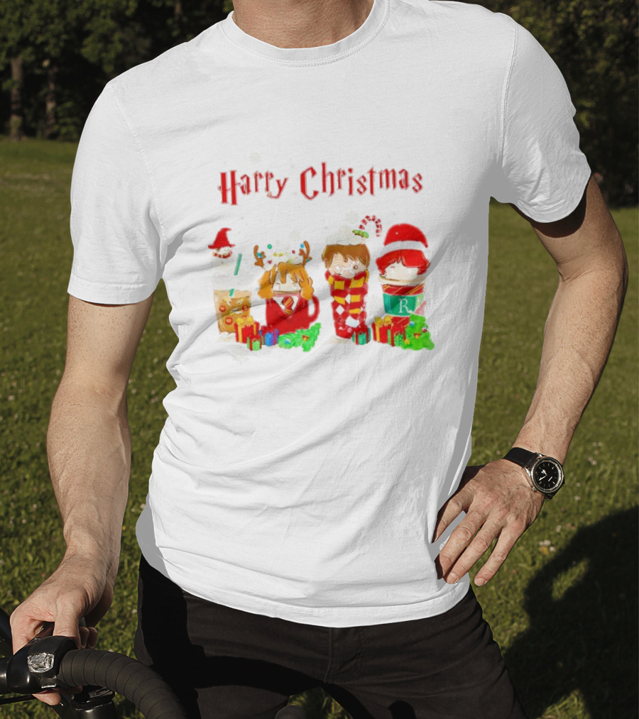 Harry Christmas Chibi Coffee Characters Festive Winter Scene T-Shirt