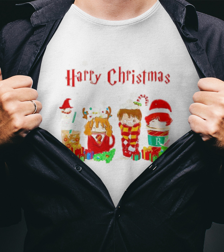 Harry Christmas Chibi Coffee Characters Festive Winter Scene T-Shirt