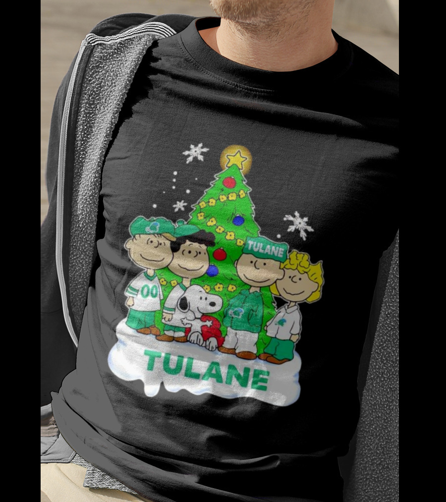 Peanuts Characters Tulane Green Wave Christmas Tree Snoopy Snowflakes T-Shirt