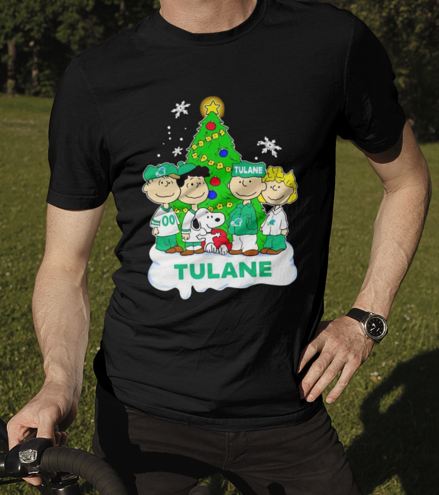 Peanuts Characters Tulane Green Wave Christmas Tree Snoopy Snowflakes T-Shirt