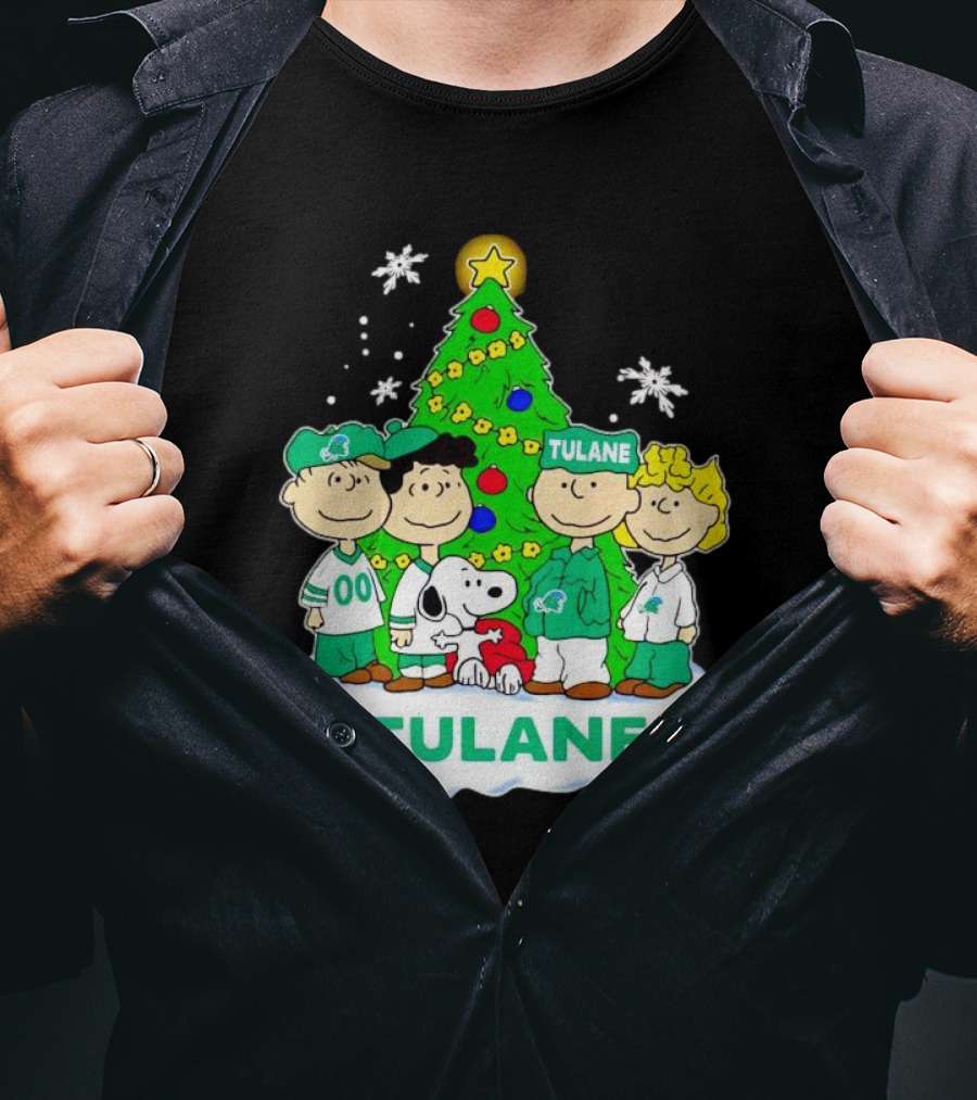 Peanuts Characters Tulane Green Wave Christmas Tree Snoopy Snowflakes T-Shirt