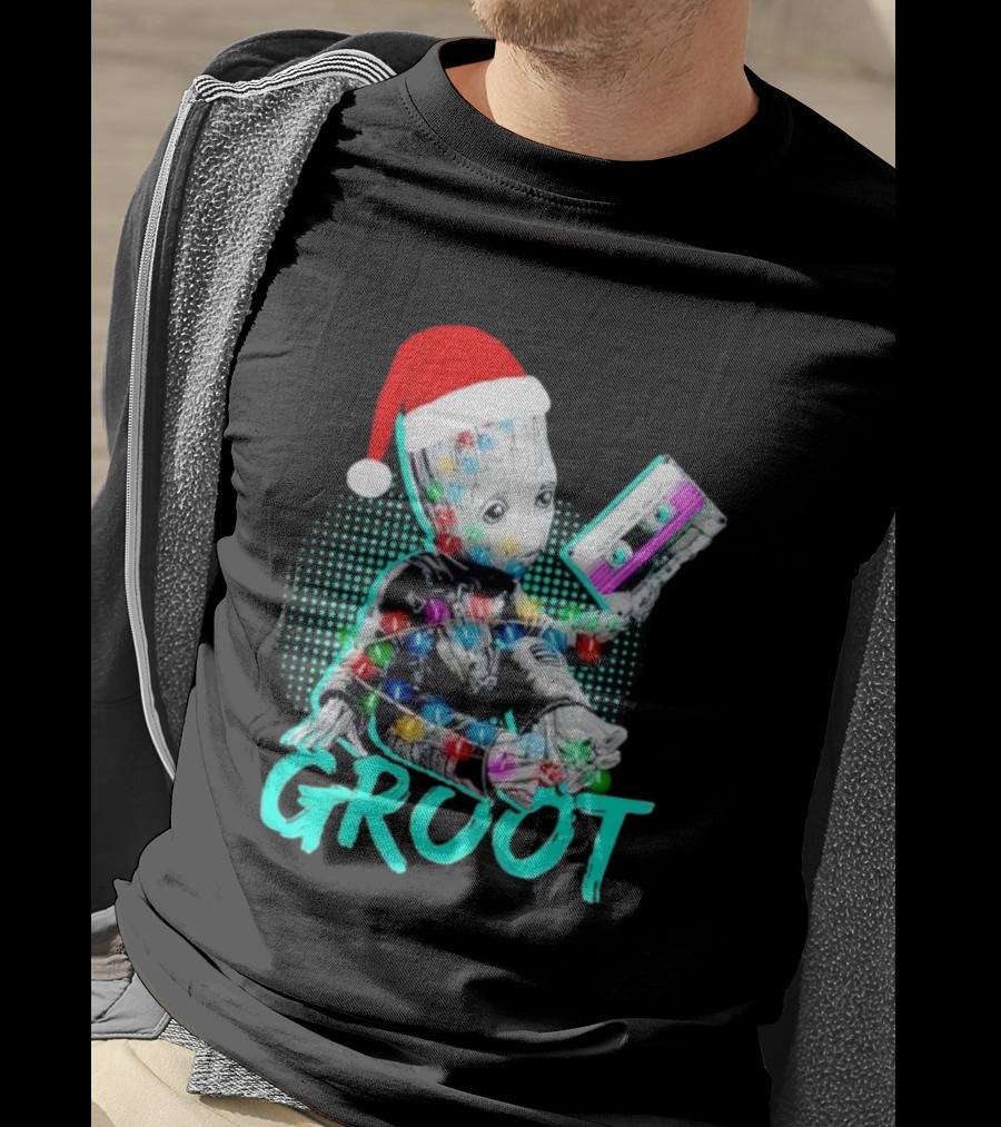 Santa Baby Groot With Cassette Tape And Holiday Lights T-Shirt