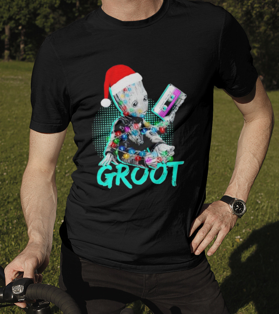 Santa Baby Groot With Cassette Tape And Holiday Lights T-Shirt