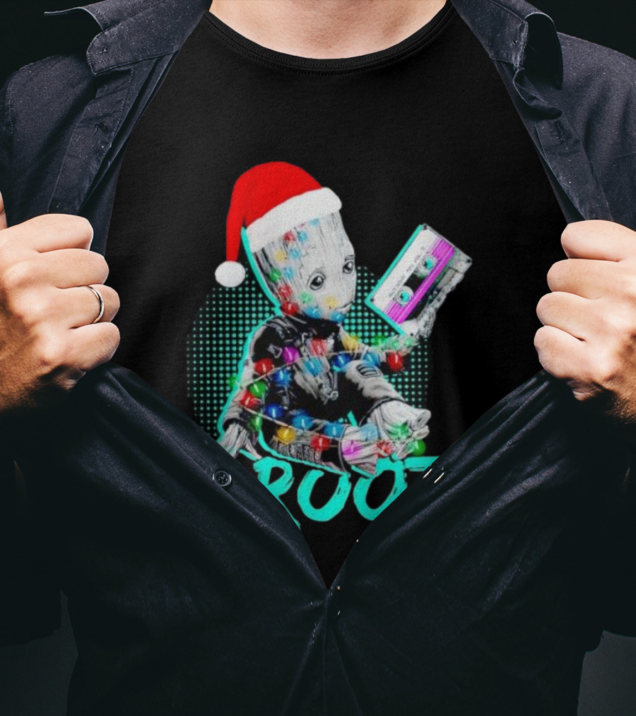Santa Baby Groot With Cassette Tape And Holiday Lights T-Shirt