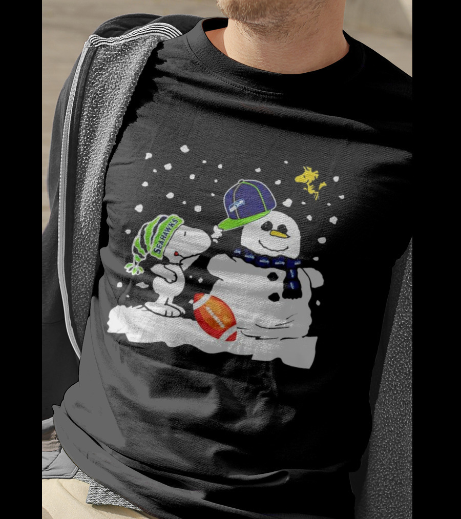 Seattle Seahawks Snoopy Snowman Hat Winter Football Scene T-Shirt