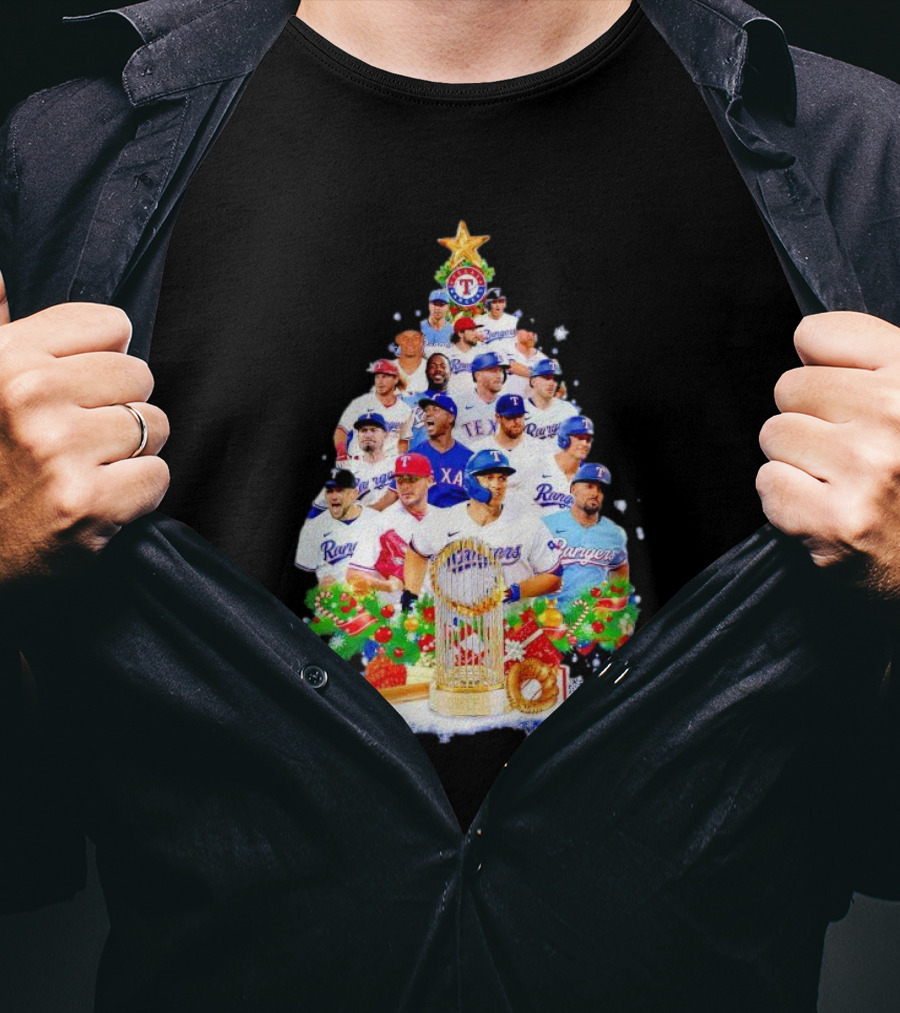 Texas Rangers Players Christmas Tree With Trophy And Ornaments T-Shirt