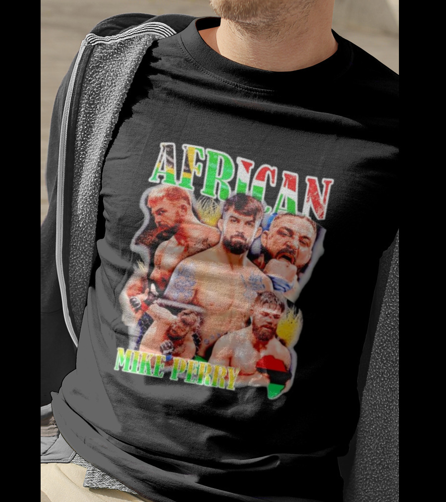 AFRICAN MIKE PERRY Fighter Collage With Black Red Green Map T-Shirt