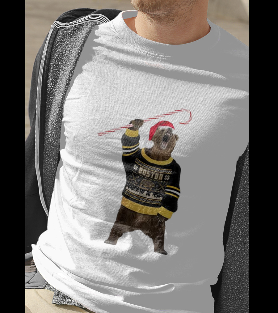 Boston Bear Christmas Holiday Sweater Santa Hat Candy Cane T-Shirt