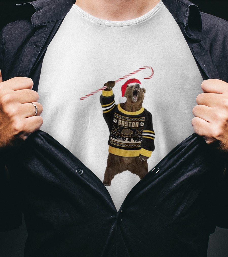 Boston Bear Christmas Holiday Sweater Santa Hat Candy Cane T-Shirt