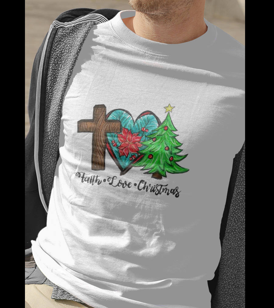 Faith Love Christmas Cross Poinsettia Tree T-Shirt