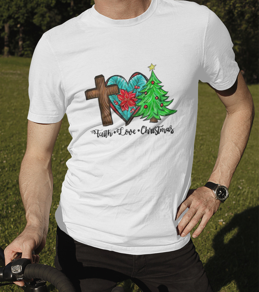 Faith Love Christmas Cross Poinsettia Tree T-Shirt