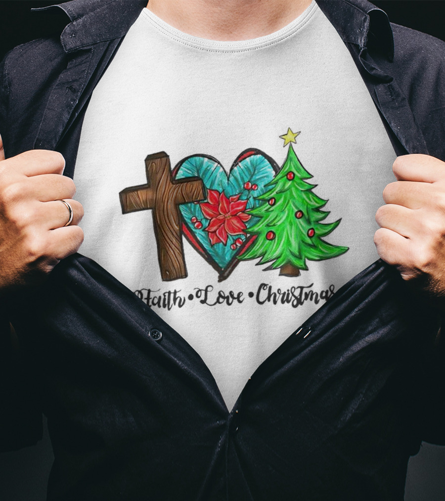 Faith Love Christmas Cross Poinsettia Tree T-Shirt