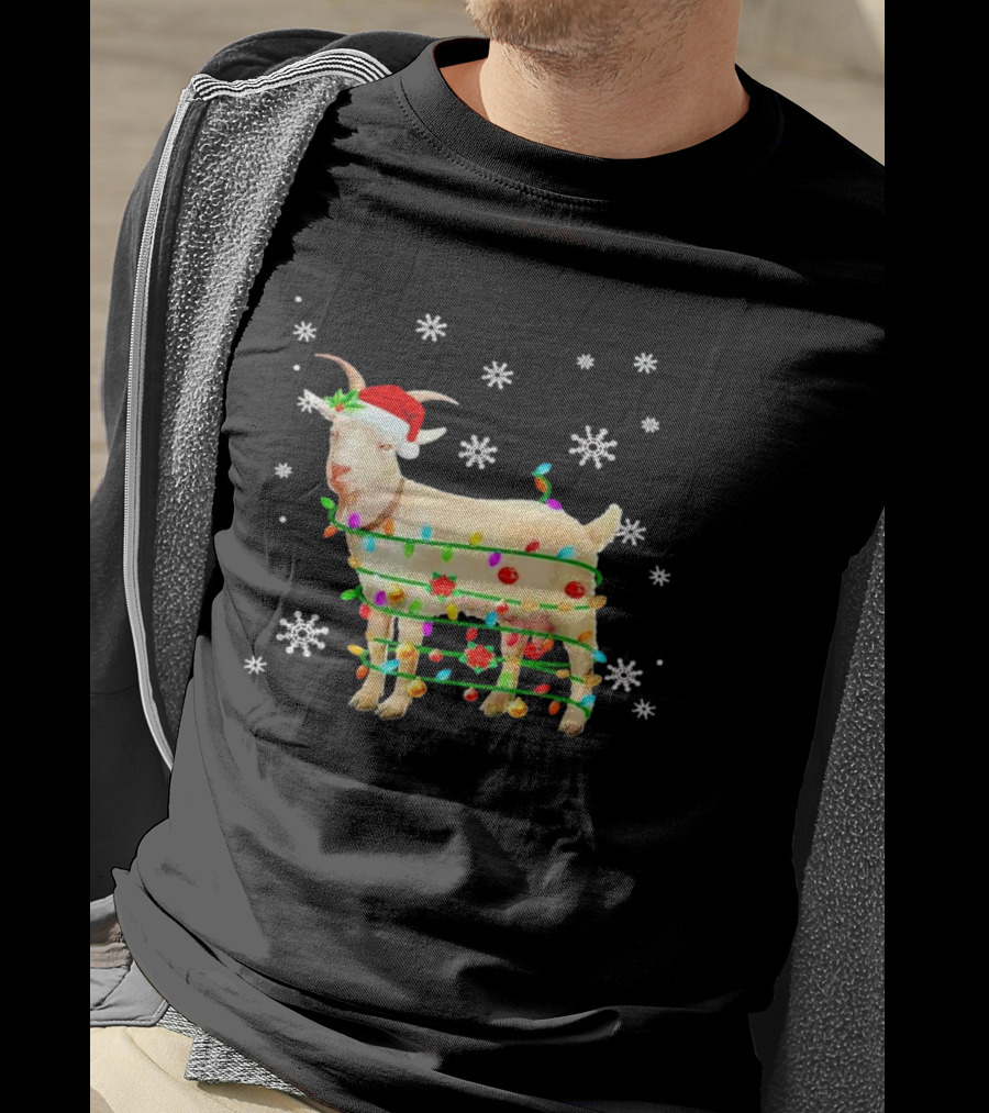 Goat Wrapped In Christmas Lights With Santa Hat And Snowflakes T-Shirt