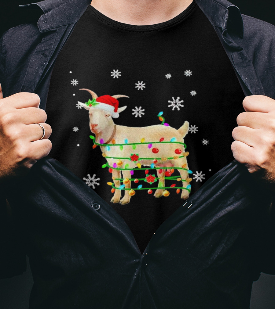 Goat Wrapped In Christmas Lights With Santa Hat And Snowflakes T-Shirt