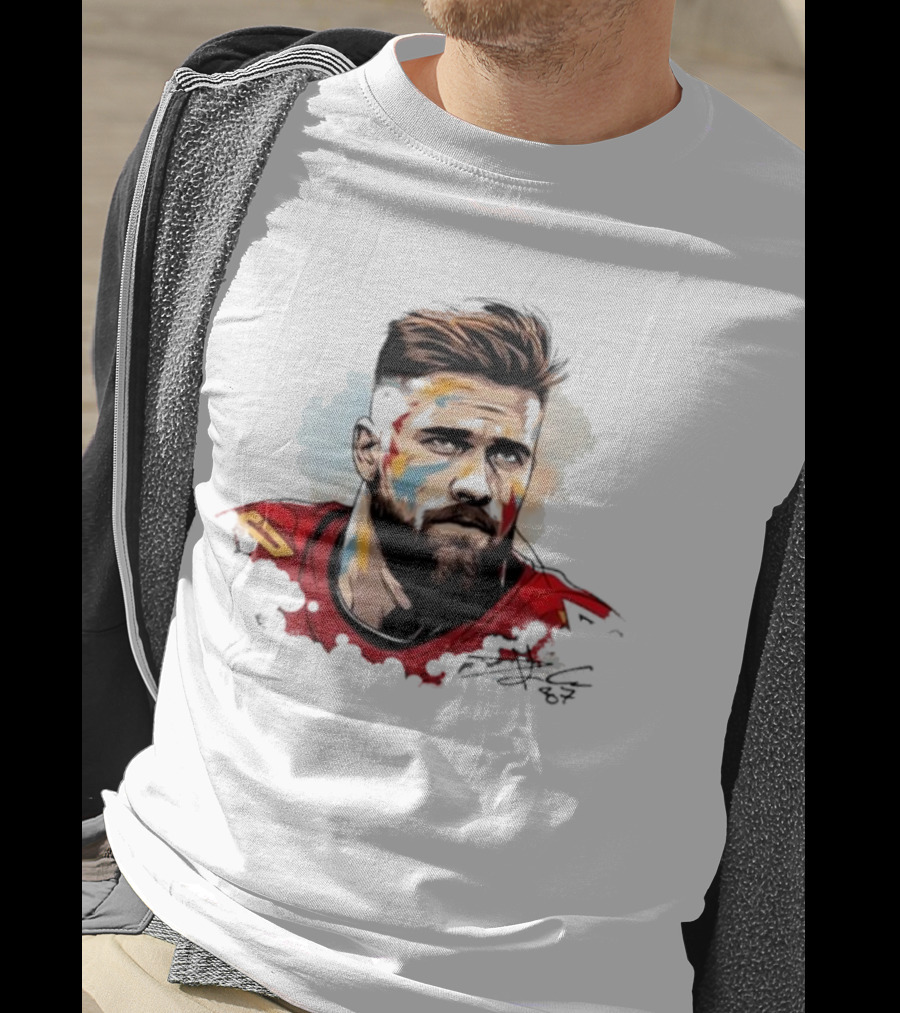 Travis Kelce Signed Portrait Artwork In Red Jersey T-Shirt
