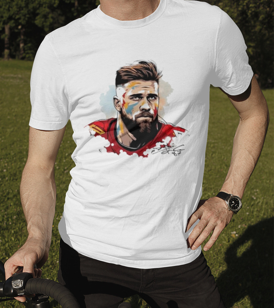 Travis Kelce Signed Portrait Artwork In Red Jersey T-Shirt