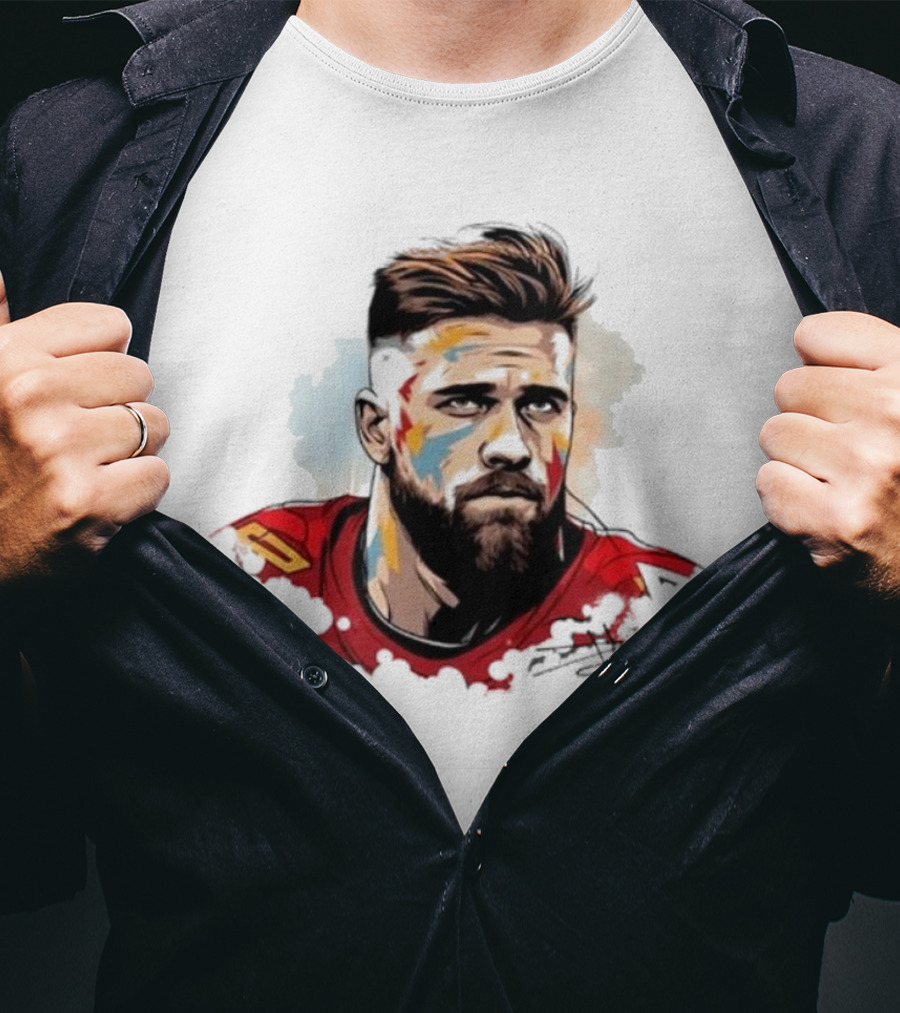 Travis Kelce Signed Portrait Artwork In Red Jersey T-Shirt