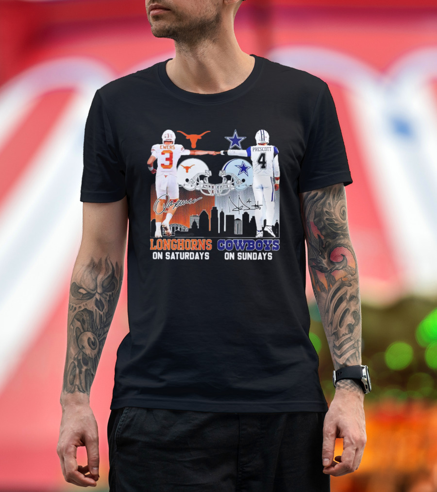 Ewers Longhorns on Saturdays Prescott Cowboys on Sundays Football Helms and Skyline T-Shirt