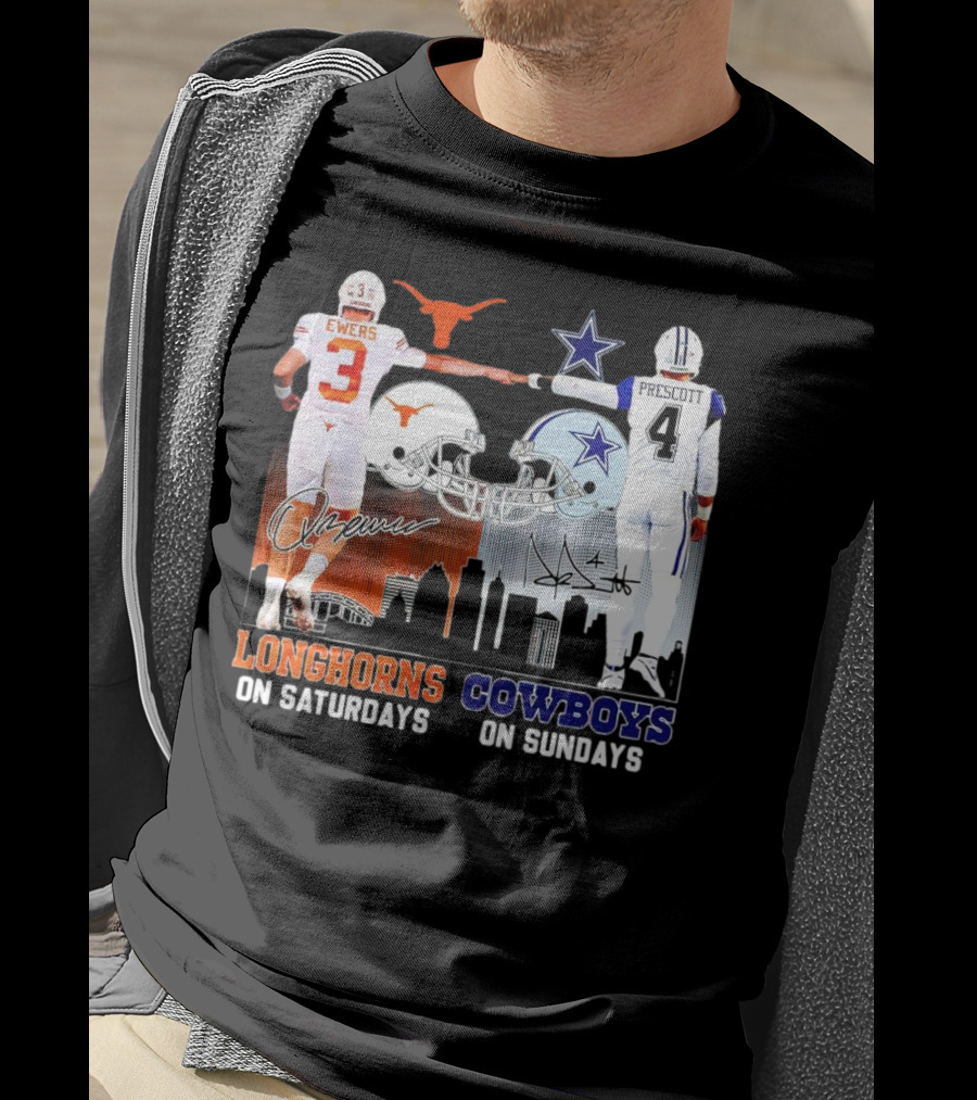 Ewers Longhorns On Saturdays Prescott Cowboys On Sundays Football Helms And Skyline T-Shirt