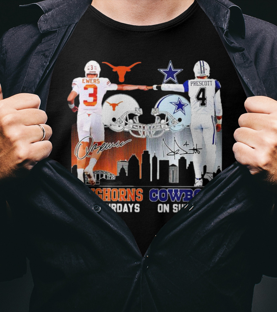 Ewers Longhorns On Saturdays Prescott Cowboys On Sundays Football Helms And Skyline T-Shirt