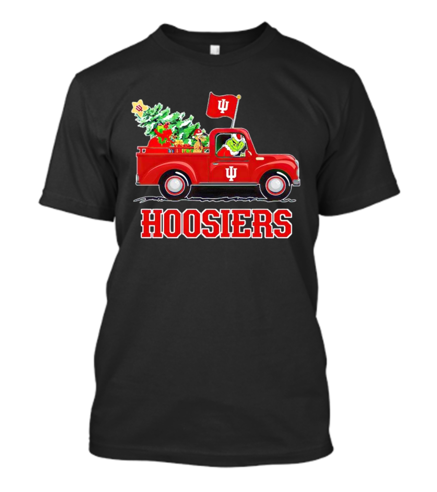 Grinch Driving Indiana Hoosiers Christmas Truck With Holiday Tree T-Shirt