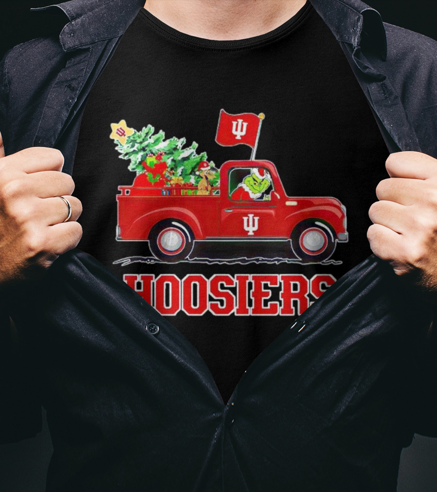 Grinch Driving Indiana Hoosiers Christmas Truck With Holiday Tree T-Shirt