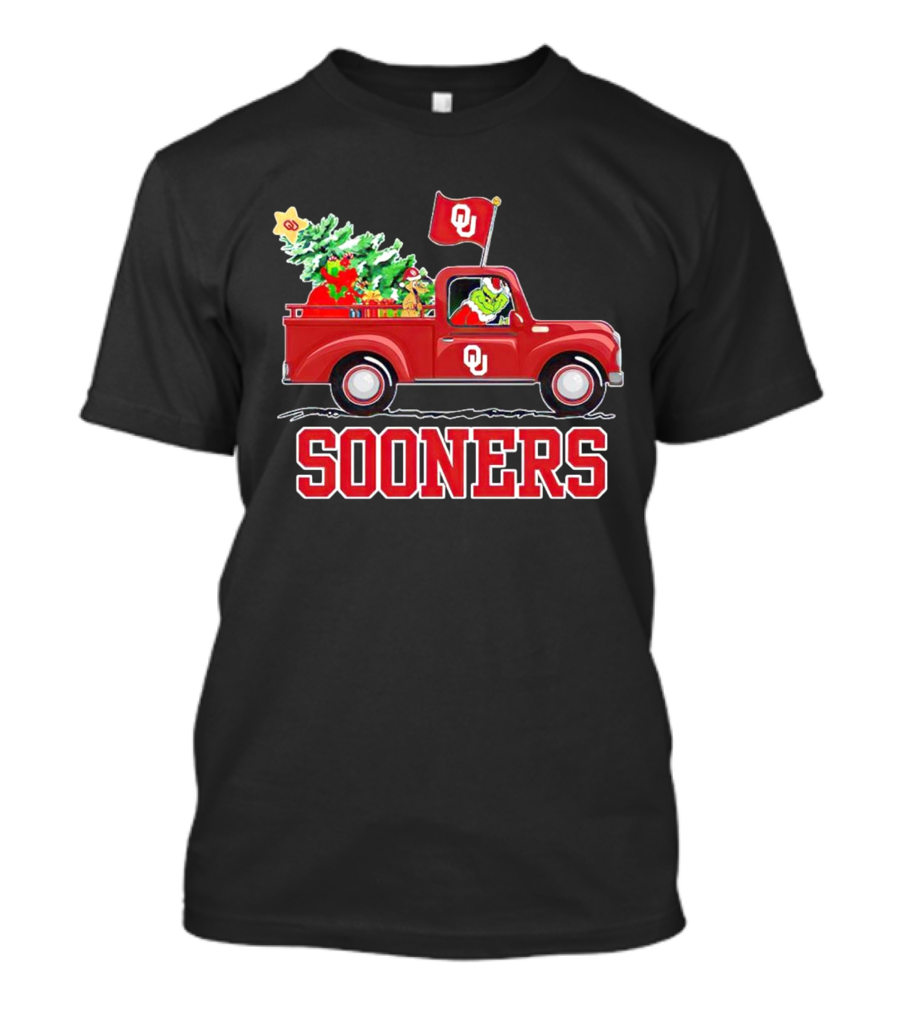 Grinch Driving Red Truck With Christmas Tree Oklahoma Sooners T-Shirt