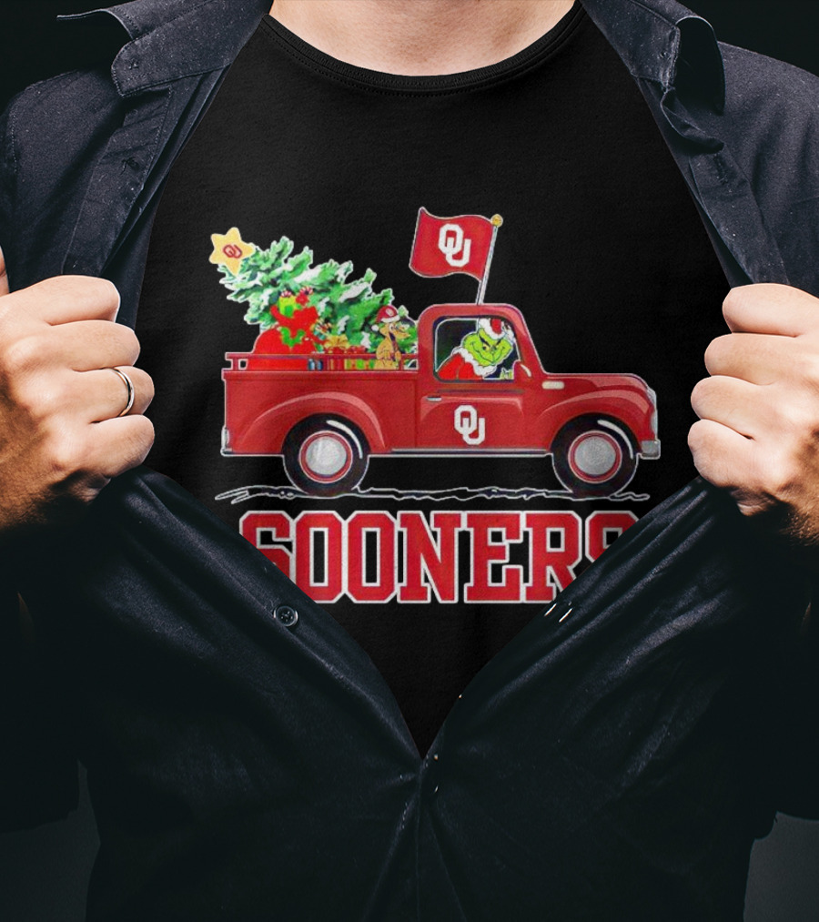 Grinch Driving Red Truck With Christmas Tree Oklahoma Sooners T-Shirt