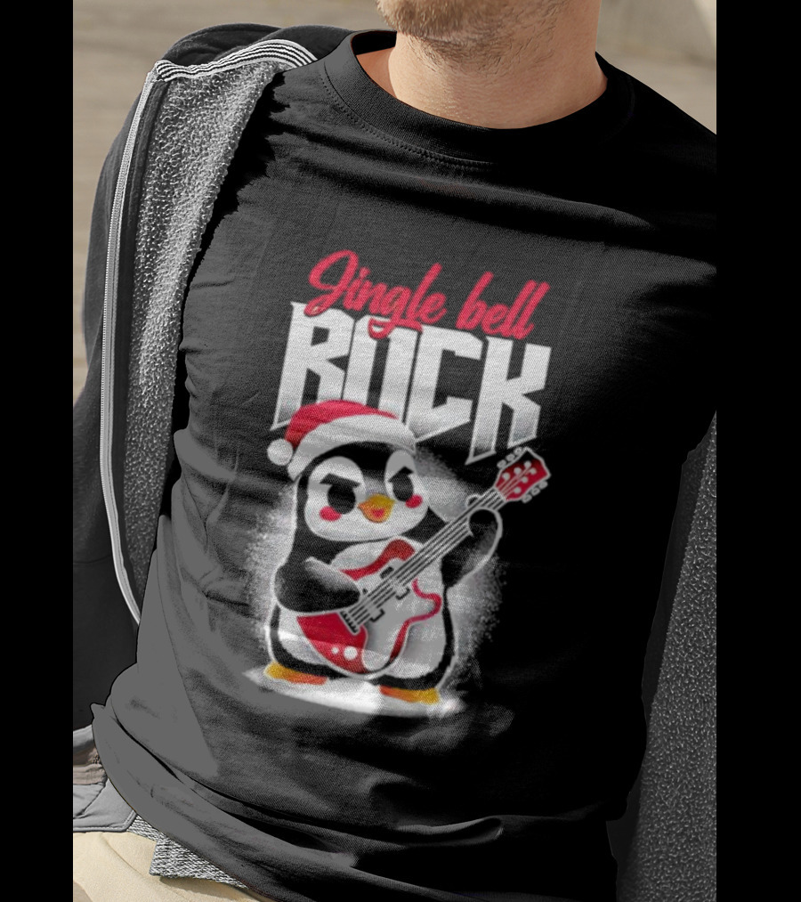 Jingle Bell Rock Penguin Playing Christmas Guitar In Santa Hat T-Shirt
