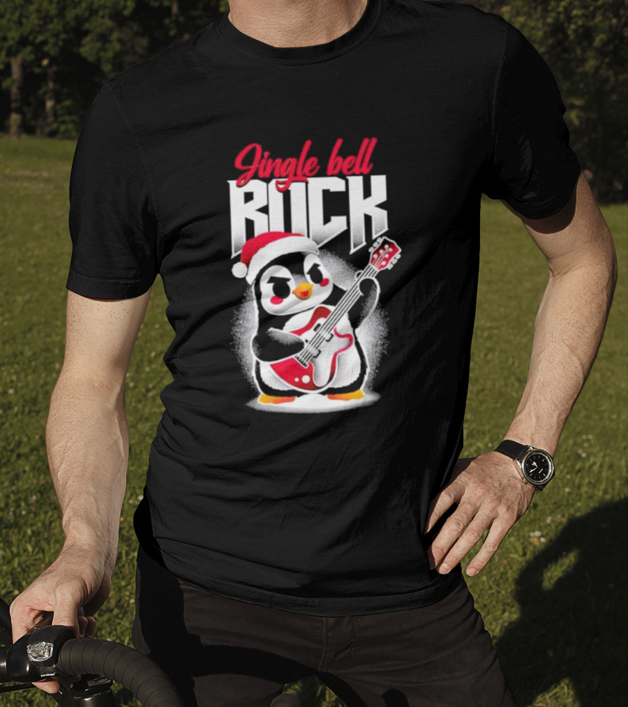 Jingle Bell Rock Penguin Playing Christmas Guitar In Santa Hat T-Shirt