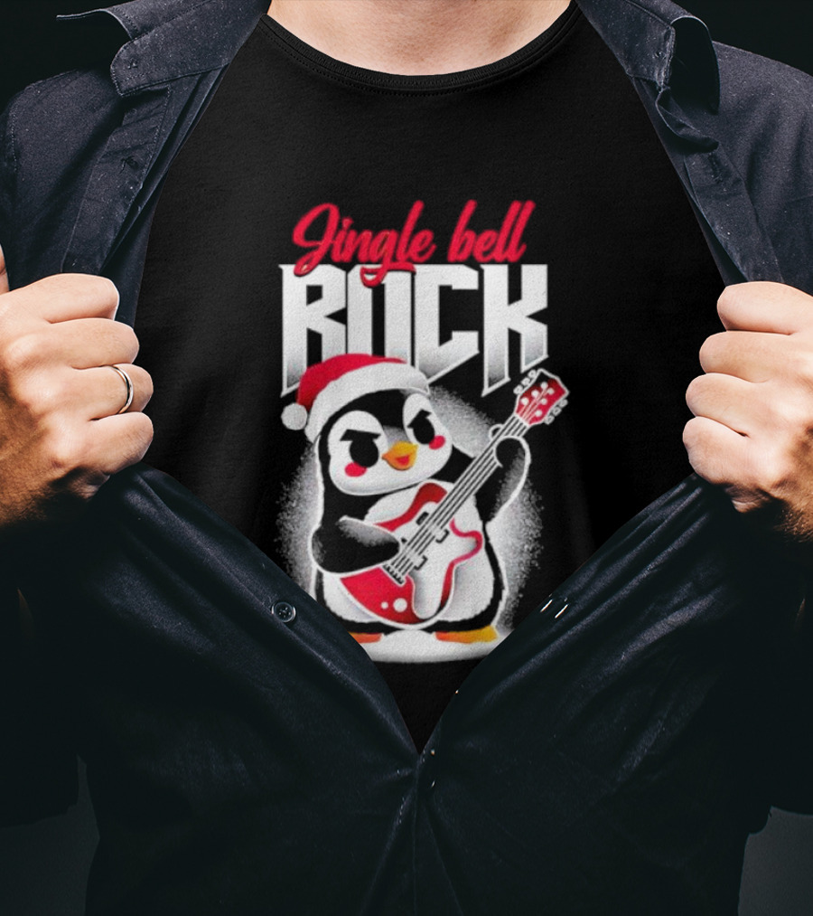 Jingle Bell Rock Penguin Playing Christmas Guitar In Santa Hat T-Shirt