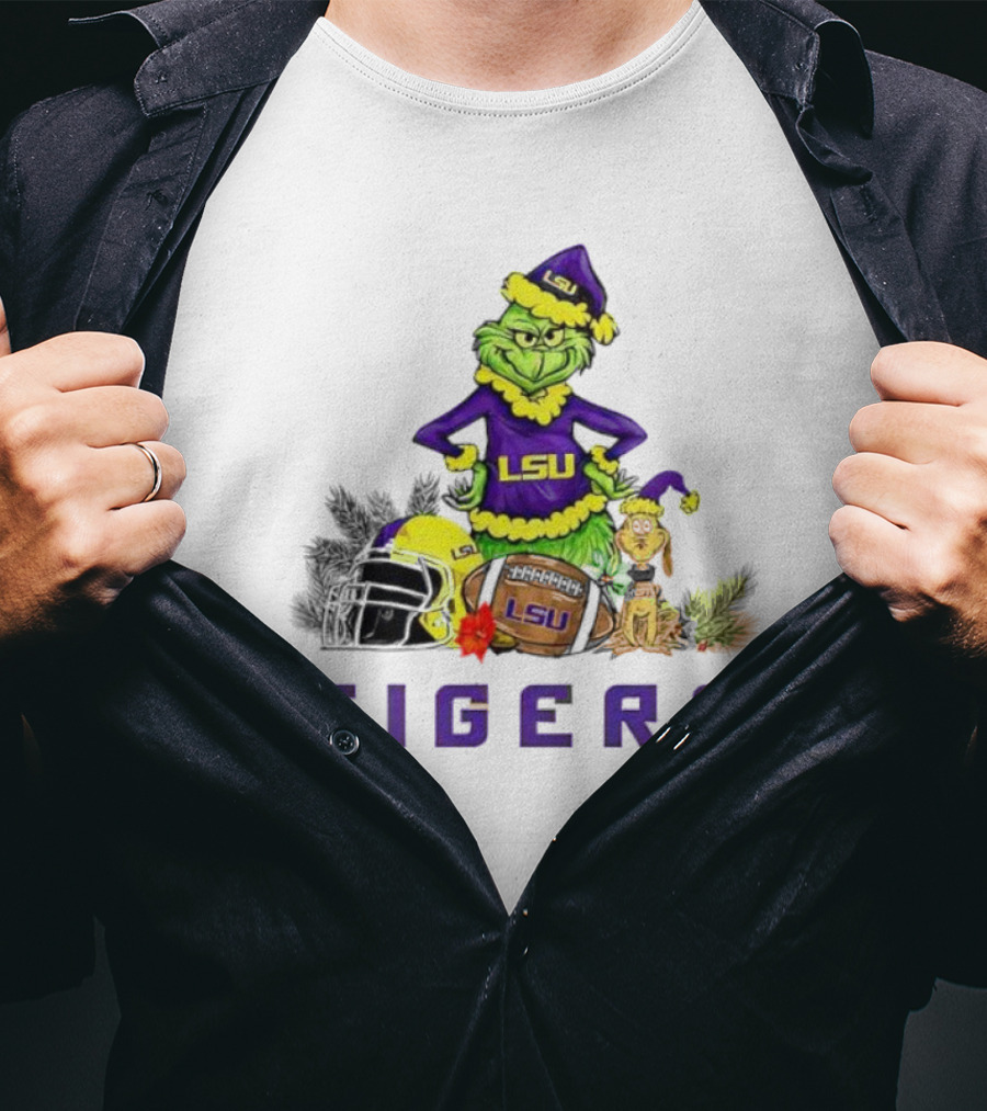 LSU Tigers Grinch And Max Dog Christmas Football T-Shirt